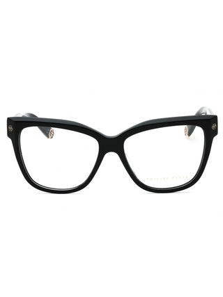 Philipp Plein VPP051M eyeglasses featuring a sleek black acetate frame with signature metallic logo detailing.