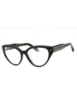Philipp Plein VPP052M eyeglasses featuring a sleek black acetate frame with signature silver metal logo detailing.
