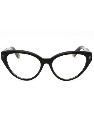 Philipp Plein VPP052M eyeglasses featuring a sleek black acetate frame with signature silver-tone metal logo detailing.