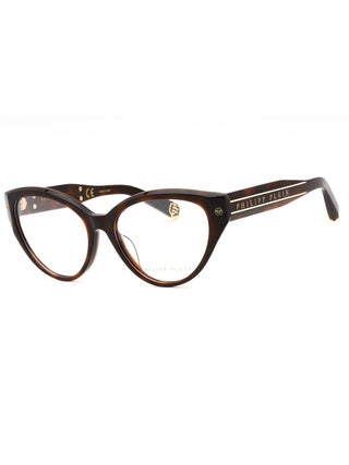 Philipp Plein VPP052M eyeglasses featuring a sleek black acetate frame with signature silver-tone metal logo detailing.