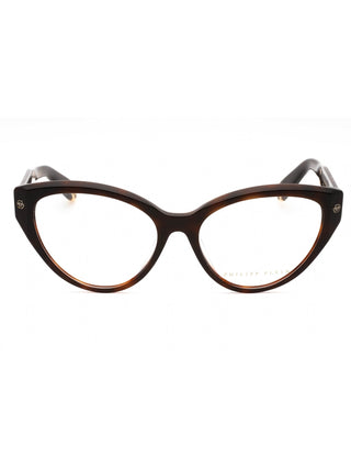 Philipp Plein VPP052M eyeglasses featuring a sleek black acetate frame with signature silver-tone metal logo detailing.