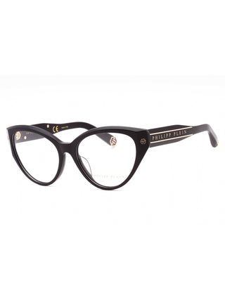 Philipp Plein VPP052M eyeglasses featuring a sleek black acetate frame with signature silver-tone metal logo detailing.
