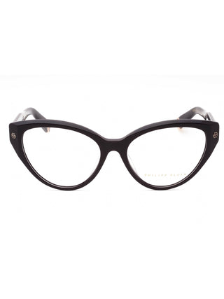 Philipp Plein VPP052M eyeglasses featuring a sleek black acetate frame with signature silver-tone metal logo detailing.