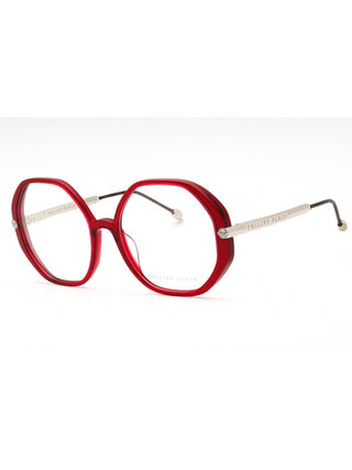 Philipp Plein VPP053S eyeglasses featuring a sleek black acetate frame with signature metallic logo detailing.