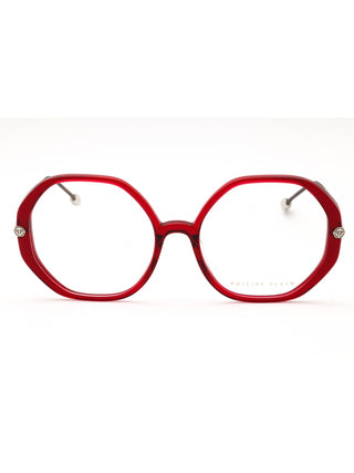 Philipp Plein VPP053S eyeglasses featuring a sleek black acetate frame with signature metallic logo detailing.