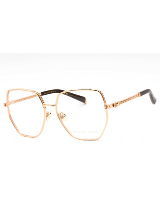 Philipp Plein VPP054S eyeglasses featuring a sleek black acetate frame with signature silver metal logo detailing.