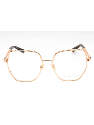 Philipp Plein VPP054S eyeglasses featuring a sleek black acetate frame with signature silver metal logo detailing.