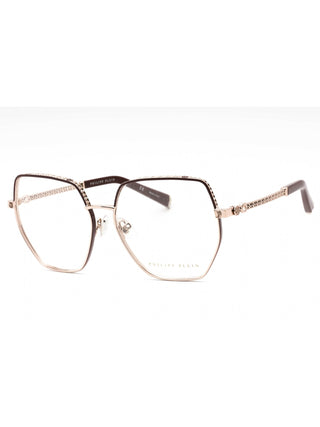 Philipp Plein VPP054S eyeglasses featuring a sleek black acetate frame with signature silver-tone metal logo detailing.