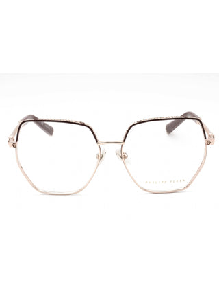 Philipp Plein VPP054S eyeglasses featuring a sleek black acetate frame with signature silver logo detailing.