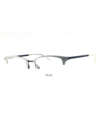 Police VPL284 eyeglasses featuring a sleek, lightweight metal frame in a classic rectangular design.