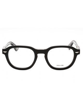 Police VPLG81 eyeglasses featuring a classic tortoise shell frame and clear lenses in a stylish rectangular design.