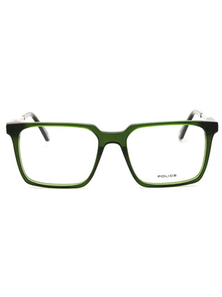 Police VPLN28 rectangular men's eyeglasses featuring a sleek black acetate frame and classic professional design.