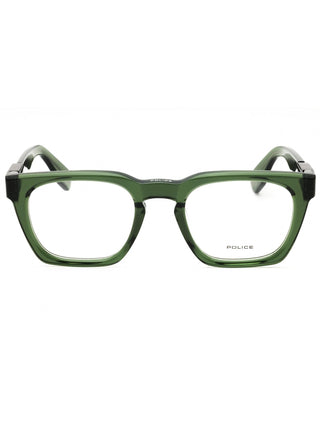 Black acetate rectangular men's eyeglasses by Police with a sleek, modern frame design.