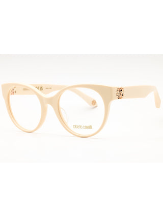 Roberto Cavalli VRC027M eyeglasses featuring a sleek black acetate frame with gold-tone temple detailing.