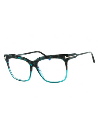 Tom Ford FT5768-B eyeglasses featuring a sleek black acetate frame with signature gold T-logo temple detailing.