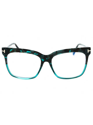 Tom Ford FT5768-B eyeglasses featuring a sleek black acetate frame with a classic rectangular shape and gold T-logo accents.