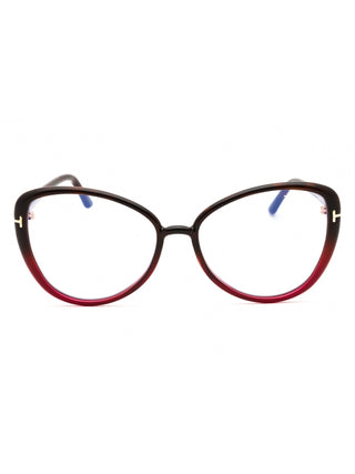 Tom Ford FT5907-B eyeglasses featuring a sleek black acetate frame with signature gold T-logo temple detailing.