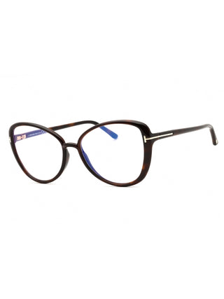Tom Ford FT5907-B eyeglasses featuring a sleek black acetate frame with signature gold T-logo temple detailing.