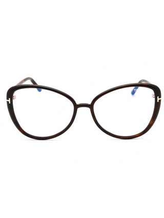 Tom Ford FT5907-B eyeglasses featuring a sleek black acetate frame with signature gold T-logo temple detailing.