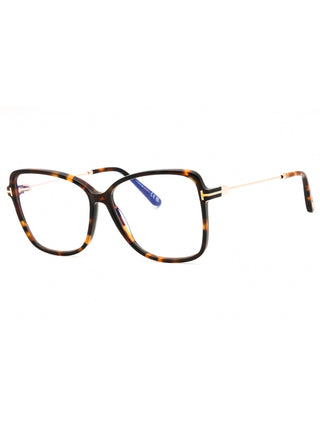 Tom Ford FT5953-B oversized eyeglasses featuring a glossy black acetate frame with signature gold T-logo temples.