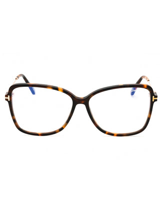 Tom Ford FT5953-B oversized eyeglasses featuring a glossy black acetate frame with signature gold T-logo temples.