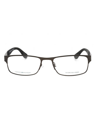 Tommy Hilfiger TH 1523 eyeglasses in semi-matte dark ruthenium with a clear lens and stainless steel construction.