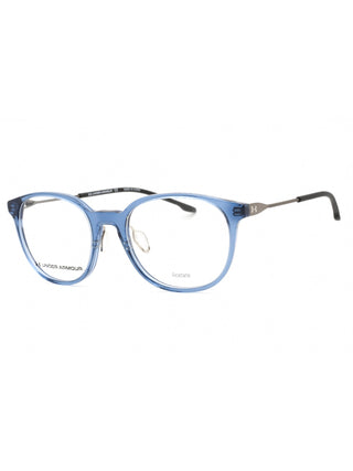 Under Armour UA 5033/G eyeglasses with blue crystal frames, clear demo lenses, and 51mm size.