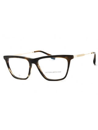Victoria Beckham VB2663 eyeglasses with striped khaki havana frames, clear demo lenses, and gold accents.