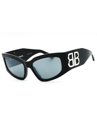 Balenciaga BB0321S sunglasses with grey frames, grey silver mirror lenses, and a sleek, modern design.