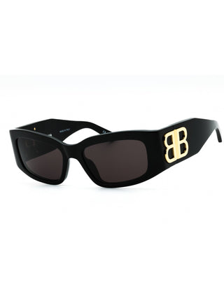Black Balenciaga BB0360S sunglasses with grey lenses, 56mm, featuring a sleek, modern design.