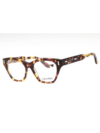 Calvin Klein CK23518 violet havana eyeglasses with clear demo lenses, 52mm size, and full-rim acetate frame.