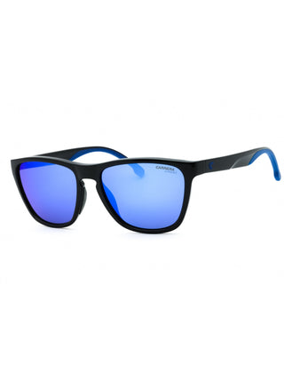 Carrera 8058/S matte black sunglasses with blue mirror polarized lenses.