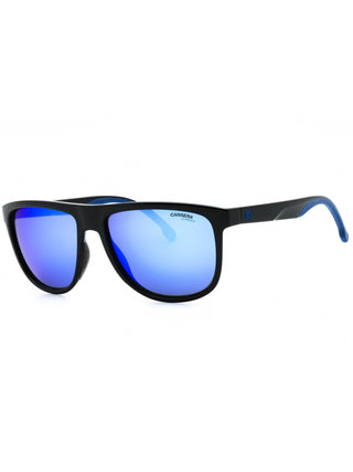 Carrera 8059/S matte black sunglasses with blue-green mirror lenses.