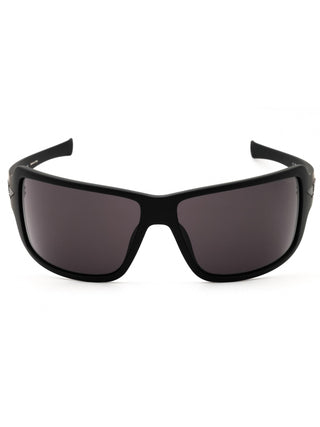 Police SPLN37 rectangular men's sunglasses featuring a sleek black plastic frame and dark tinted lenses.