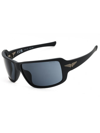 Police SPLN37M men's wraparound sport sunglasses in black injected propionate with a sleek, aerodynamic frame design.