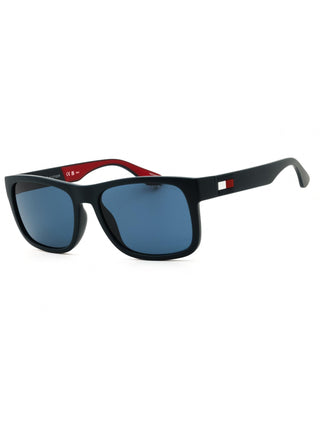 Tommy Hilfiger rectangular men's sunglasses in stylish black plastic frame and blue lenses.