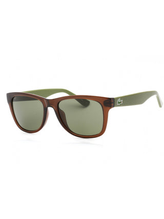 Brown Lacoste L734S sunglasses with green lenses, a classic rectangular frame, and subtle branding on the temples.